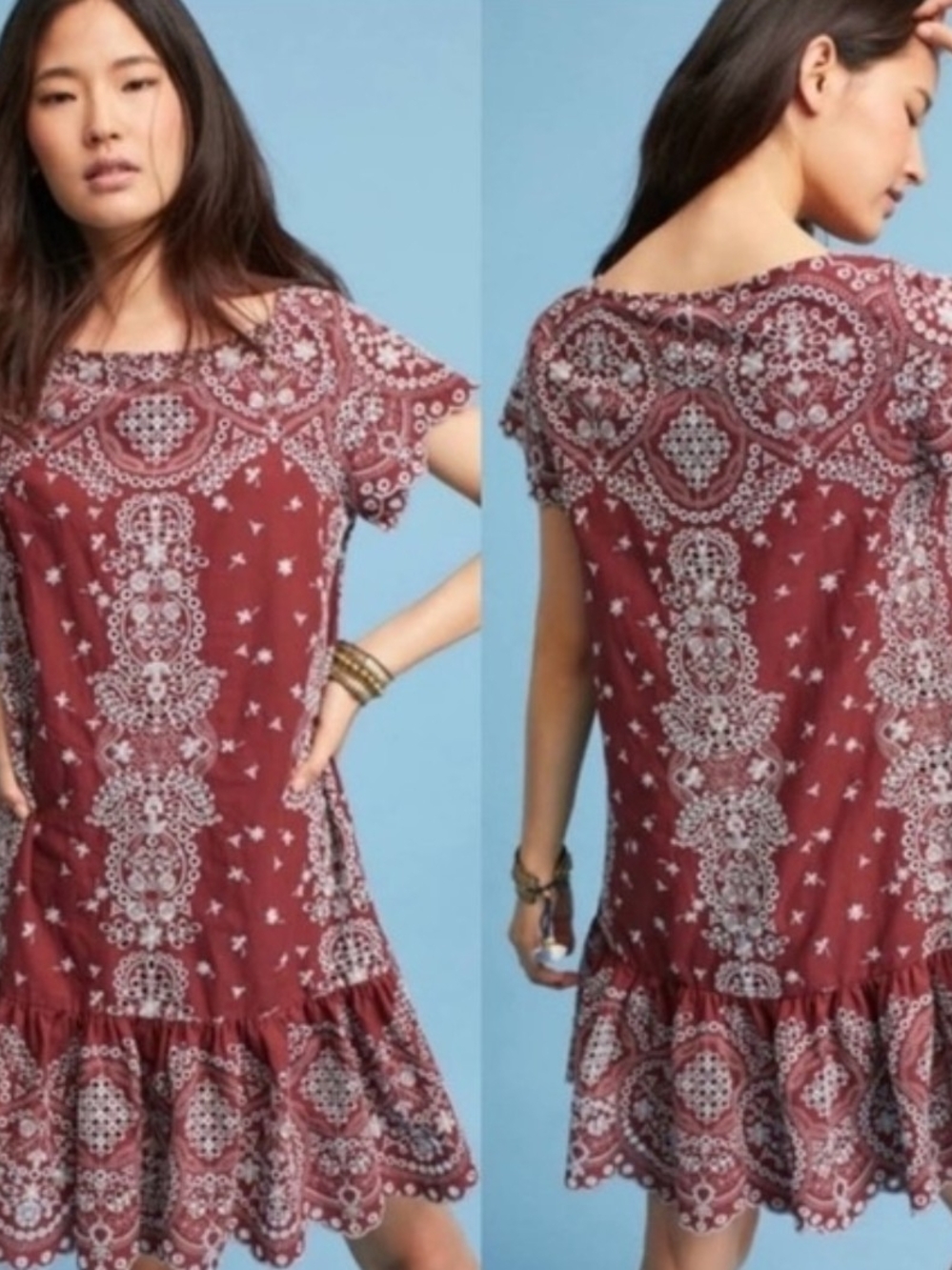 Anthropologie Burgundy Paisley Flutter-Sleeve Flounce Mini Dress
